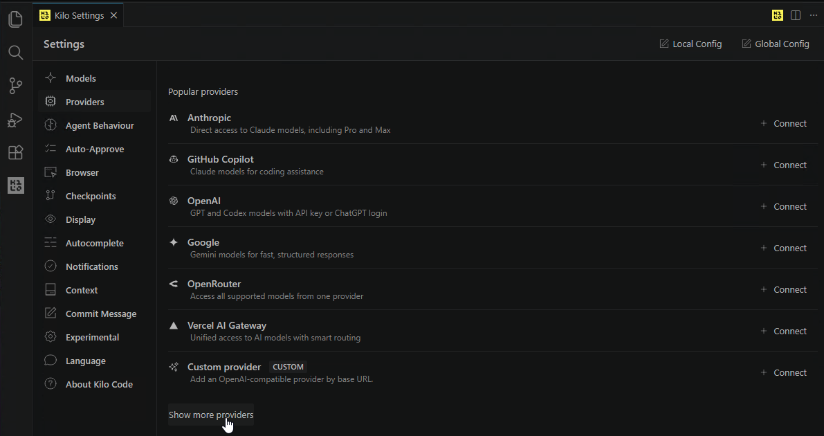 Kilo Code Providers screen
