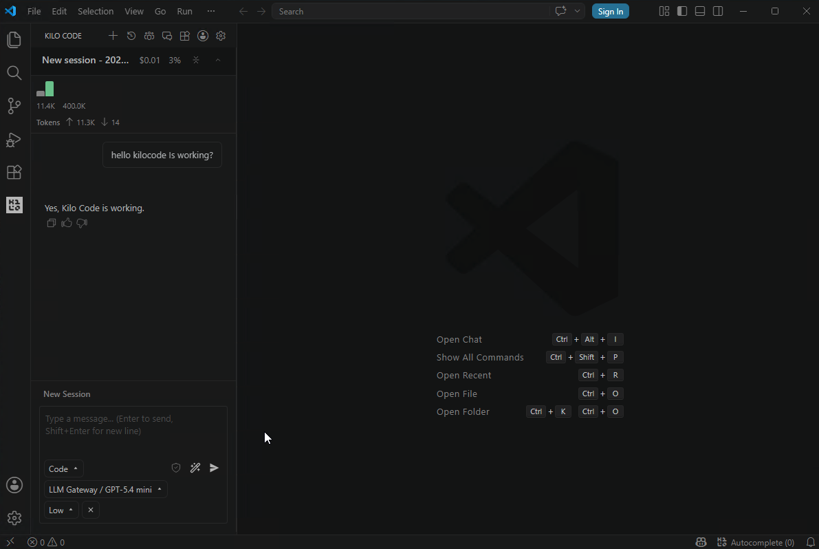 Kilo Code chat active with doteb